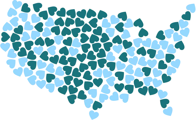 Map of the United States drawn with small hearts